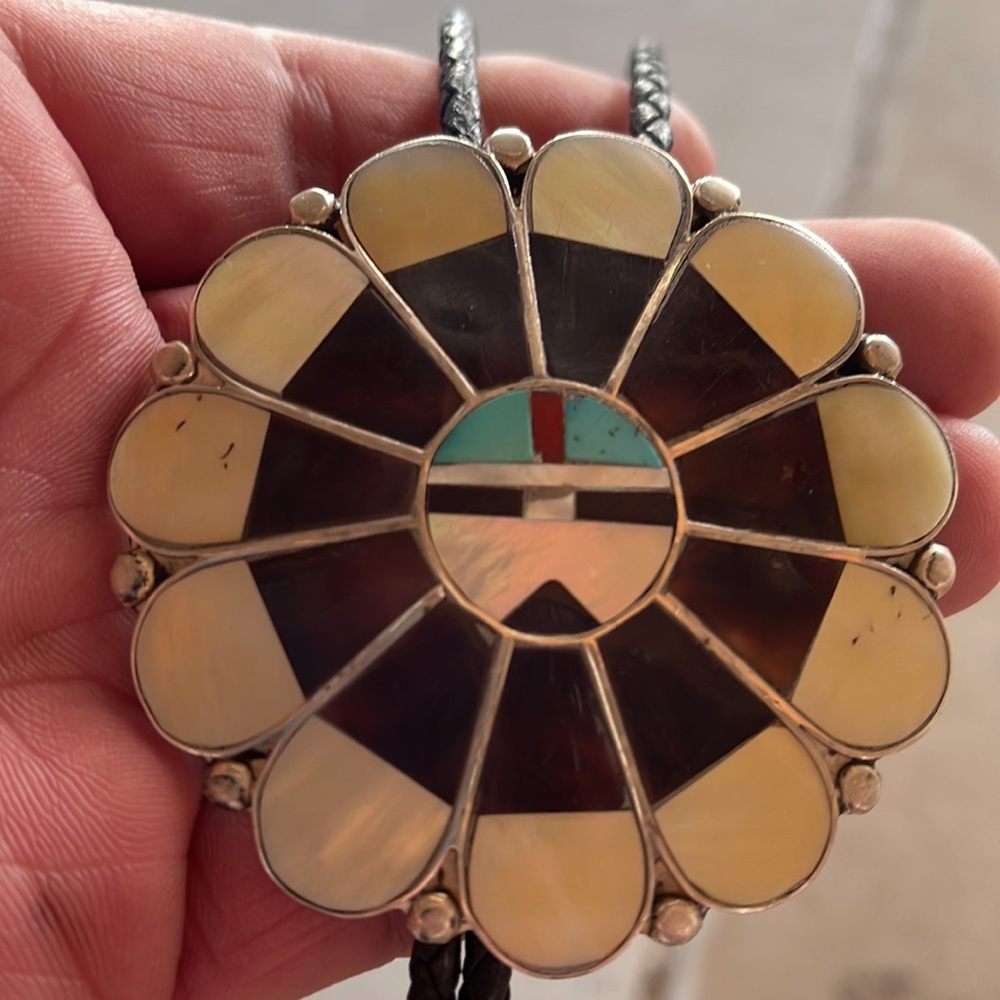 STERLING SILVER & TURQUOISE,CORAL ZUNI SUNFACE BOLO TIE - Picture 2 of 7